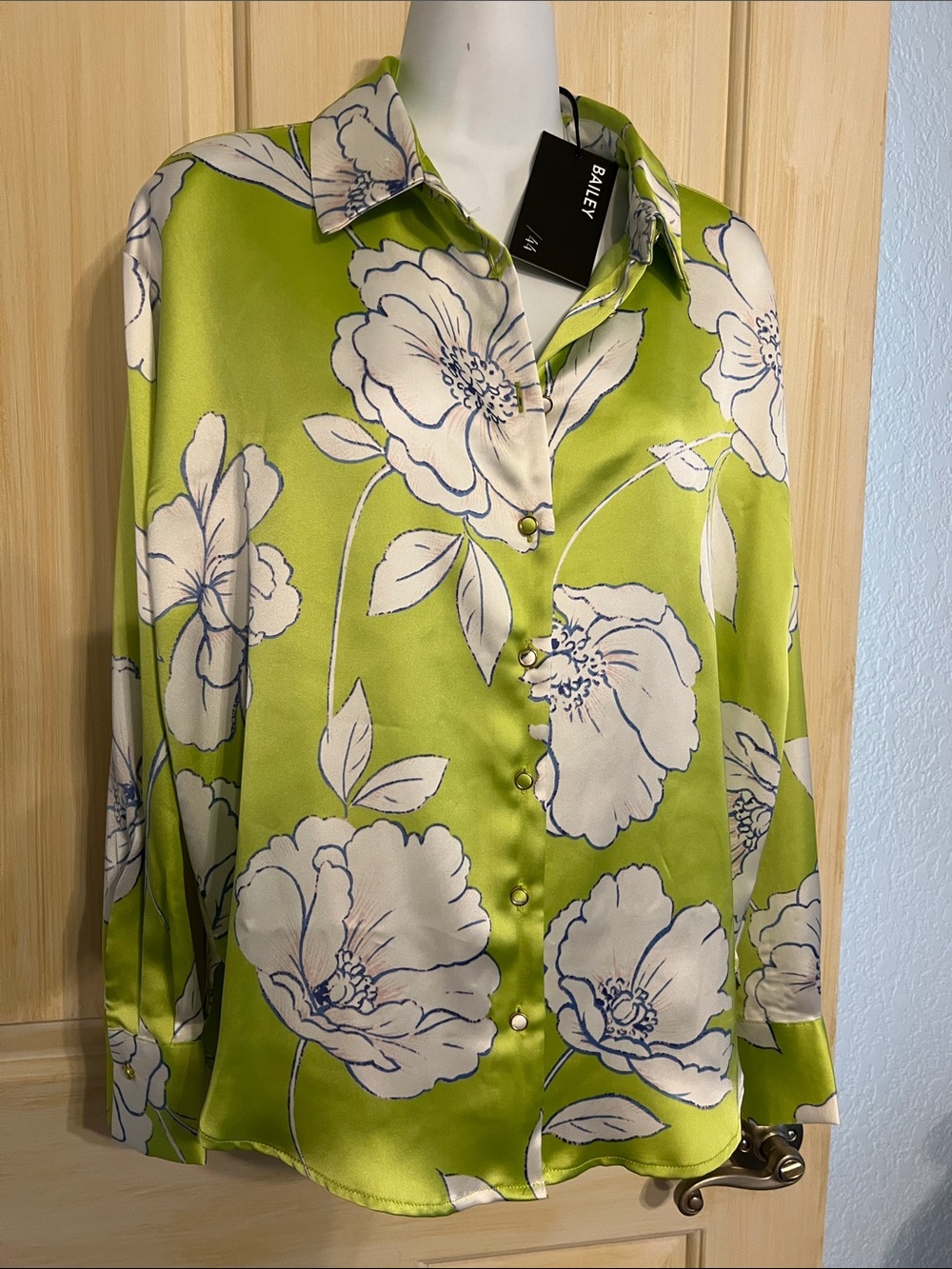 Bailey 44 Lime Green Floral Satin Button-Up Blouse